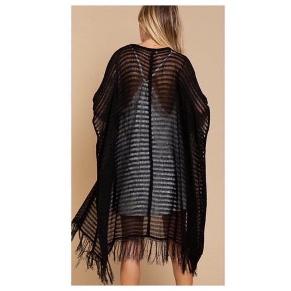 New POL Black Loose Rib Knit Cardigan/Kimono With Fringe Hem - Picture 10 of 11